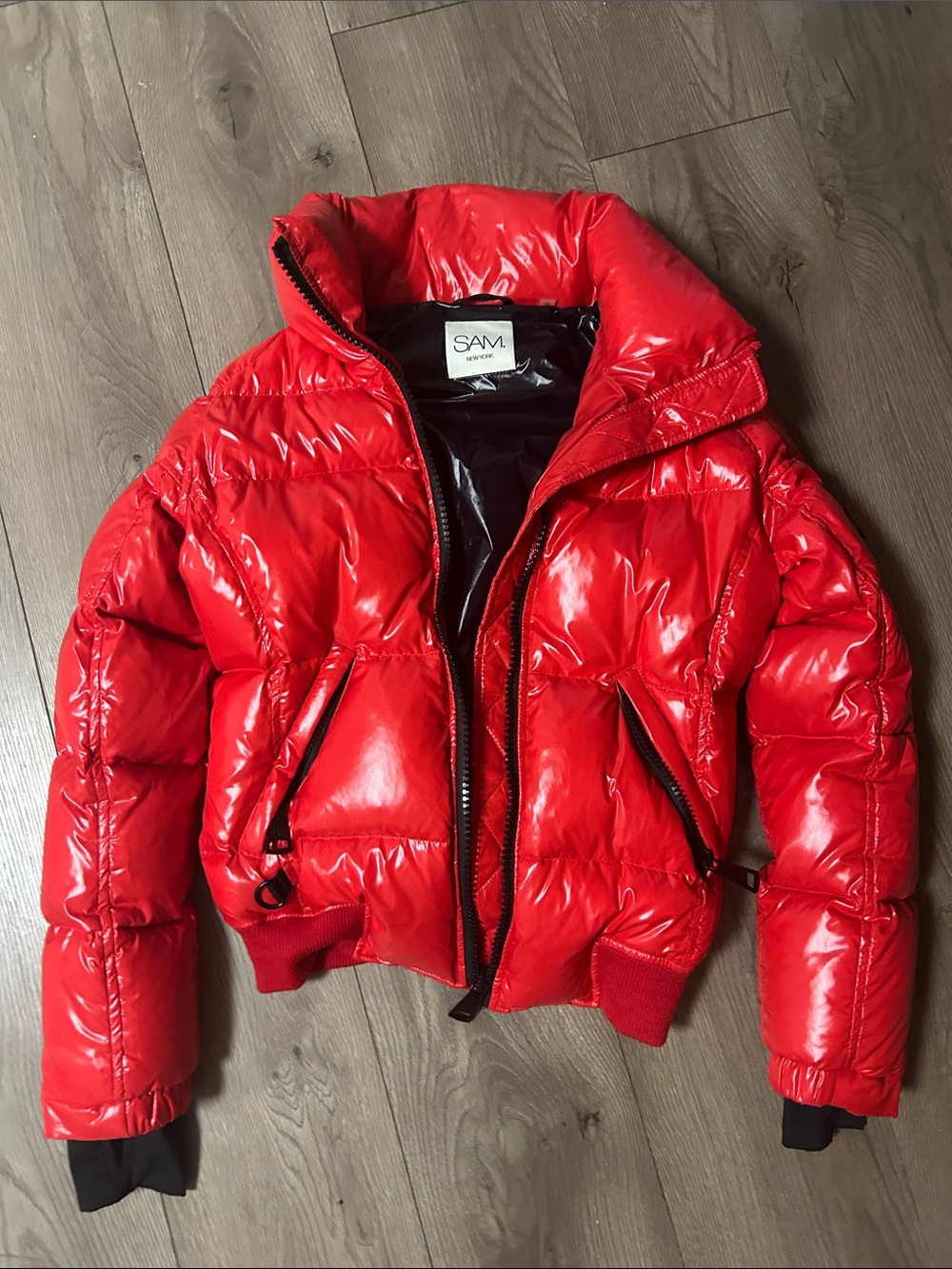 SAM. Women's Shiny Red Puffer Jacket with High Collar